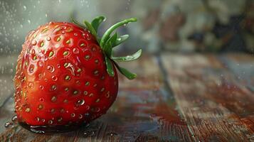 A strawberry sitting on a wooden table with water droplets on it photo