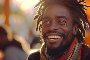 A smiling man with dreadlocks and a scarf photo