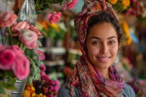A woman in a headscarf standing in front of flowers photo