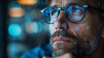 A man with glasses looking at a screen photo