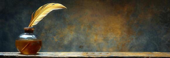 A quill pen and ink bottle sitting on a wooden table photo