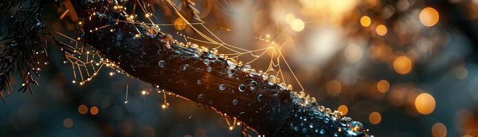 Spider web on a branch with water droplets photo