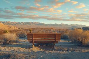 A bench sitting in the middle of a desert photo