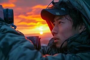 A man taking pictures of the sunset with his camera photo