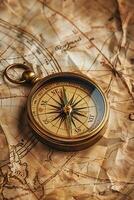 An old compass is lying on top of an old map photo