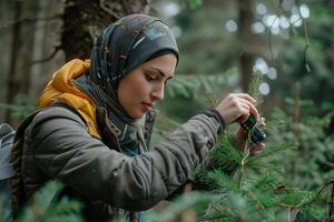 A woman in a hijab is picking up a pine tree photo