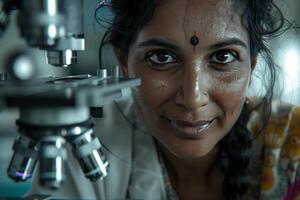 A woman looking at a microscope photo