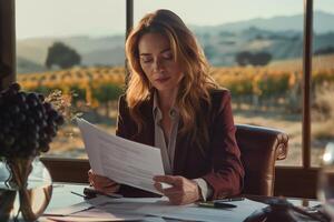 A woman in a business suit is reading a document photo