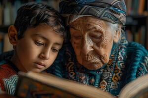 An older woman and a young boy reading a book photo