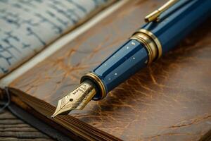A blue fountain pen sits on top of an old book photo