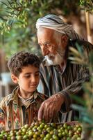 An elderly man and a young boy are standing next to a basket of olives photo