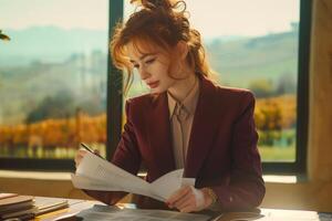 A woman in a business suit is sitting at a desk with papers photo