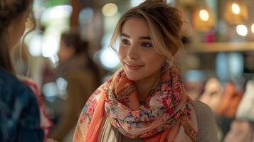 A woman wearing a scarf and a scarf talking to another woman photo