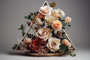A triangle shaped arrangement of flowers in a vase photo