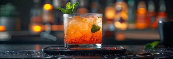 A drink with a green leaf on top photo