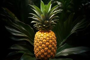 A pineapple is sitting on a plant photo