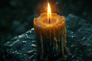 A candle is lit on a rock in the rain photo
