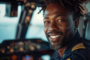 A smiling black man in the cockpit of an airplane photo