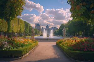 A beautiful garden with a fountain and trees photo