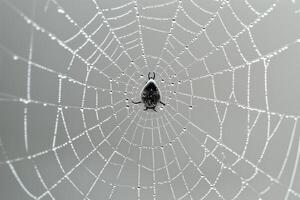 A spider is sitting on a web with dew drops photo