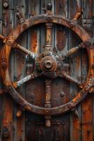 Rusty ship wheel on a wooden door photo
