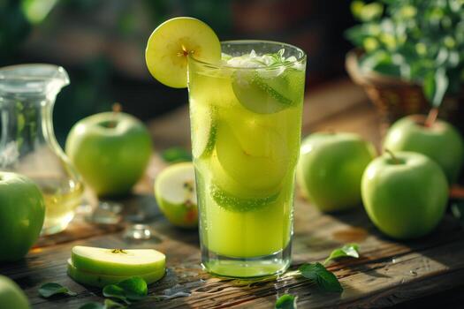 A glass of green apple juice with slices of apple photo