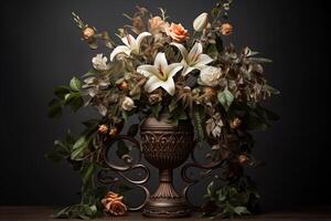 A vase with flowers and leaves on a table photo