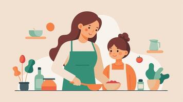 Flat Illustration Showing Mother and Daughter Joyfully Attending an Engaging Modern Cooking Class vector