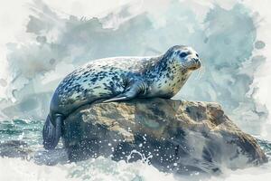A painting of a seal sitting on a rock photo