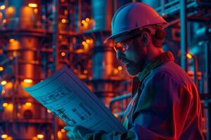 A man in a hard hat and glasses is reading a blueprint photo