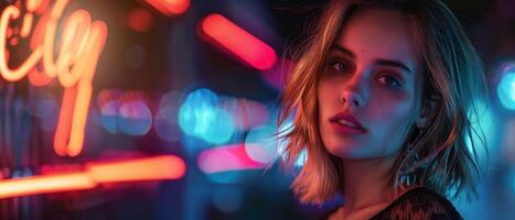 A woman in front of neon lights photo