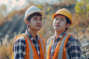 Two construction workers standing next to each other photo