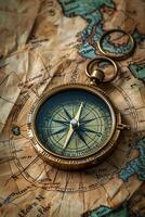 A compass is on top of an old map photo