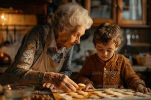 An older woman and a young boy making cookies photo