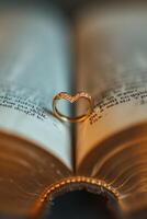A wedding ring sits on top of an open book photo