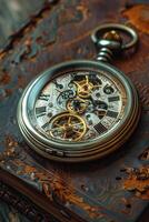 An old pocket watch on top of a book photo