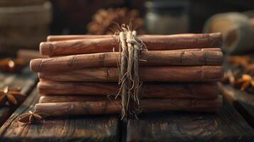 Cinnamon sticks on a wooden table photo
