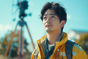 A man in a yellow jacket standing in front of a camera photo