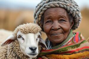 A woman with a sheep in her arms photo