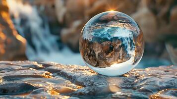 A glass ball with a mountain in the reflection photo