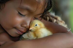A young girl is holding a baby bird photo