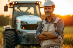 A man in a hard hat standing in front of a tractor photo