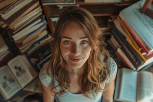 A woman sitting on the floor surrounded by books photo
