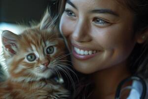 A woman holding a cat photo