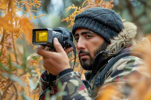 A man in a winter jacket is taking a picture photo