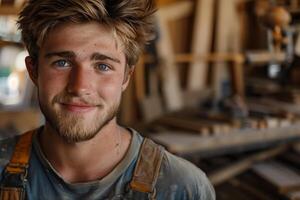 A young man with a beard and blue eyes is smiling photo
