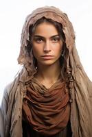 A woman in a brown shawl and scarf photo