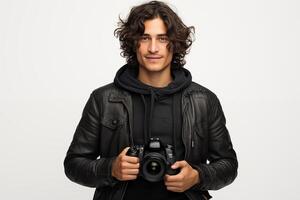 A man with curly hair holding a camera photo