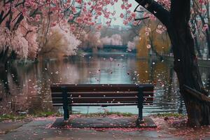 A bench sitting under a tree with pink blossoms photo
