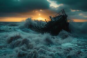 A boat is sinking in the ocean at sunset photo